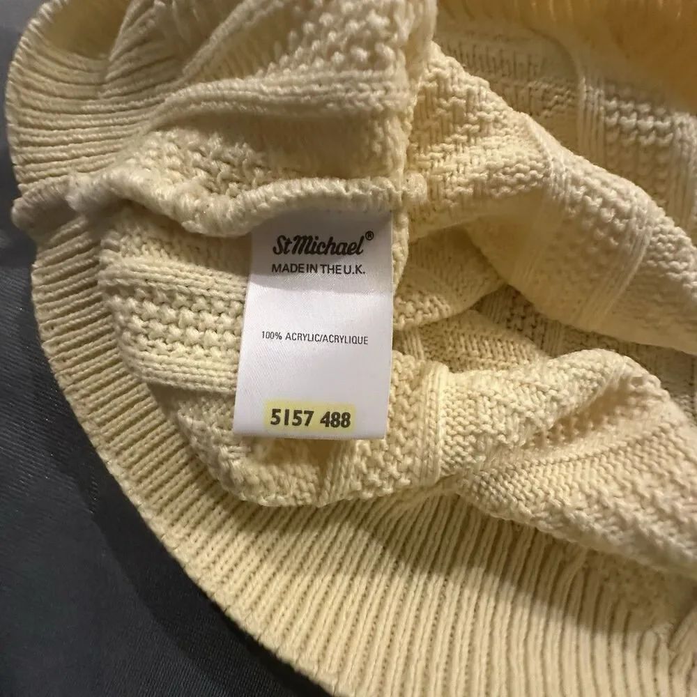 Vintage 80s St Michael Cable Knit Sweater Mens 46 Yellow Made in UK Herringbone - Picture 7 of 9